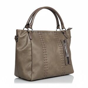 Taupe Brown Studded Woven Vegan Leather Satchel Crossbody Handbag Large Tote